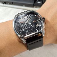 ZZOOI MEGIR Sport Watches for Men Fashion Octagon Dial Quartz Watch with Auto Date Leather Strap Luminous Wristwatch часы Silver black