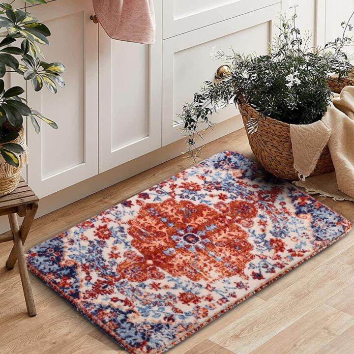 Boho Machine Washable Kitchen Rug Distressed Bathroom Mat Vintage Low Pile  Entry Way Rug Faux Wool