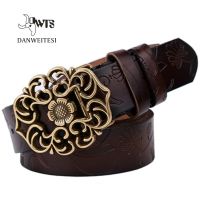[DWTS]Women Belt Vintage Leather Belt Women Genuine Cow skin Fashion Floral Curved Buckle Belts For Women Top Quality Accessory Belts
