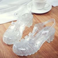2023 Summer Women Casual Jelly Shoes Heel Women Square High Heels Transparent Platform Sandal Lady Bling Silver Sandals