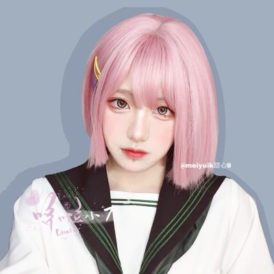 lolita Wig Womens Short Hair Natural &amp; Fluffy round Face bobo Head Internet Celebrity Short Straight Hair Student Pink Full-Head Wig Style