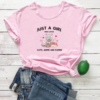 Cats Anime and Ramen Tshirt Women Cute and Funny Casual Women T Shirts Tops Cotton Short Sleeve Personalized Camiseta Mujer  Z8DI