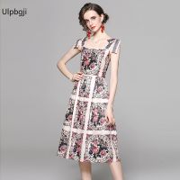 European and American Fashion Waist-Controlled Lace-up Sleeveless Vest Positioning Print Dress