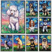 Funny Dogs Starry Night Van Gogh ภาพวาดผ้าใบ-พิมพ์บทคัดย่อของ German Shepherd และอื่นๆ-Perfect Wall Art สำหรับตกแต่งบ้าน-Cuadro