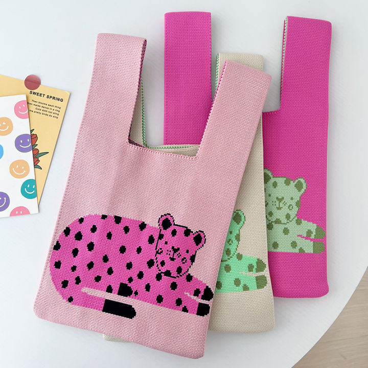 handbag-portable-storage-bag-shoulder-bag-portable-bag-tote-bag-pink-leopard-bag-knitted-vest-bag
