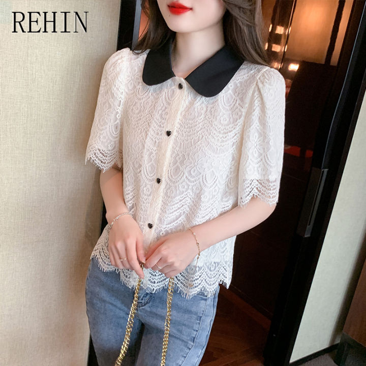 rehin-เสื้อลูกไม้ประดับคอตุ๊กตาฝรั่งเศสสำหรับผู้หญิง-เสื้อเสื้อผู้หญิงแขนสั้นแฟชั่นฤดูร้อนใหม่