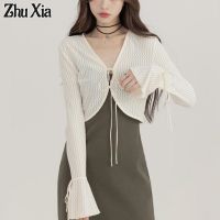 Zhu Xia เสื้อเชิ้ตกันแดดสำหรับผู้หญิง,เสื้อแจ็คเก็ตคลุมไหล่สั้นใส่ได้หลายโอกาสเสื้อคาร์ดิแกนเนื้อบางเสื้อขนสัตว์ถักฤดูร้อน