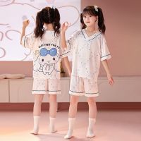 Sanriod Anime Melody Cinnamoroll Kuromi Kids Pamas Set แขนสั้นเสื้อยืดกางเกงขาสั้นเด็กทารกชุดนอนชุดนอนบ้าน