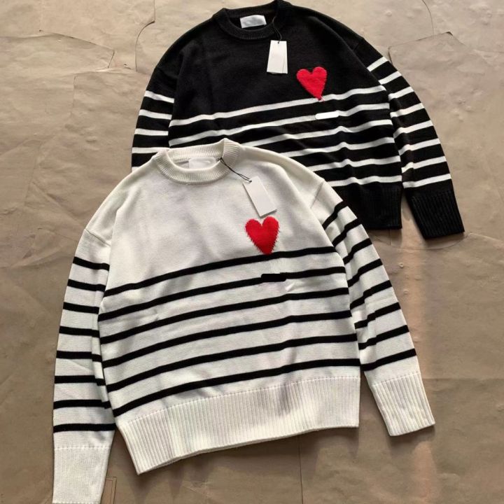 orr7-ami-knitwear-black-and-white-stripes-round-neck-pullover-long-sleeve-simple-loose-casual-couple-fashion-brand