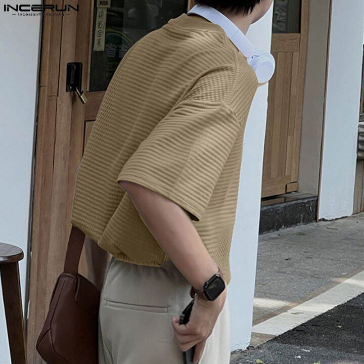 incerun-เสื้อลายตารางผู้ชายแขนสั้นเสื้อยืดเทกเชอร์ลำลองอเนกประสงค์แบบเรียบง่าย-สไตล์เกาหลี