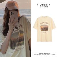 COD Letitia Robbins Retro womens short-sleeved T-shirt 2021 summer new Korean style loose casual print gentle T-shirt round neck top