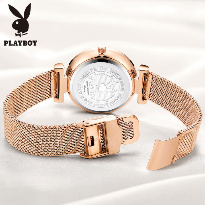 playboy-นาฬิกาสำหรับผู้หญิงเดิมกันน้ำแฟชั่นหรูหรา-milanese-สายนาฬิกาควอตซ์ปฏิทินแสดง