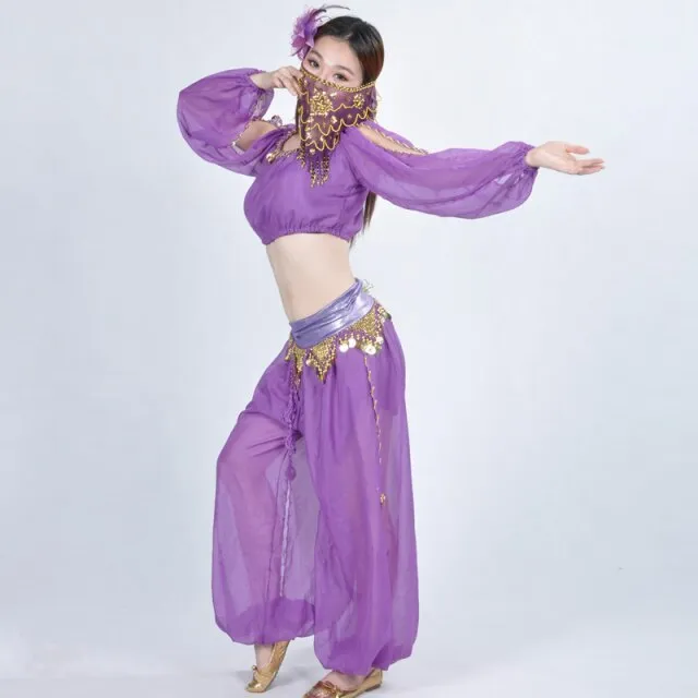 Women Bollywood Belly Dance Costume Set Indian Sari Bellydance Pants Suit Chiffon Veil 2779