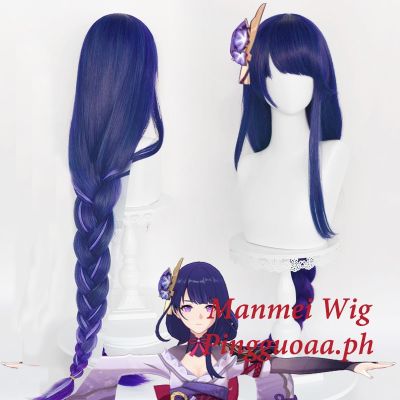 Manmei Genshin Impact Raiden Shogun Baal Cosplay Wig 100cm Long Blue Purple Braid Wigs Heat Resistant Synthetic Hair cd