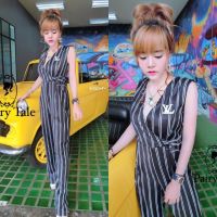 B8350 จั้มสูทแขนกุดลายทาง เอวแต่งเข็มขัด Striped sleeveless jumpsuit waist belt