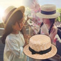 [hot]Cute Child Girls Straw Hat Bowknot Sun Hat Kids Large Brim Beach Summer Boater Beach Ribbon Round Flat Top Fedora Hat 54cm