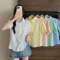 สีทึบเสื้อบางแขนสั้นชีฟองสีขาวสำหรับผู้หญิงใหม่ฤดูร้อน