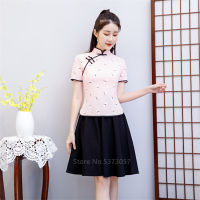 Fashion Chinese Traditional Clothing Dress for Girls Women Streetwear Retro Flower Printed Top Short Skirt Cheongsam Vestido Set