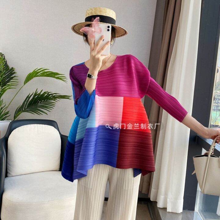 miyake-จีบการออกแบบความรู้สึกแฟชั่นพิมพ์ทุกการแข่งขันด้านบนฤดูใบไม้ผลิ-2023-ใหม่จีบขนาดใหญ่รอบคอเสื้อยืดหญิง