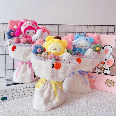 Sanrio ของเล่นน่ารักลายดอกไม้การ์ตูนตุ๊กตาผ้ากำมะหยี่ของฉันทำนองเพลง Kuromi Cinnamoroll Plushie ช่อดอกไม้เด็กผู้หญิงและของขวัญเด็ก