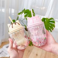 Water bottle cute cat personality paw plastic cup cute cartoon ins photo posing creative straw cup gift office school home