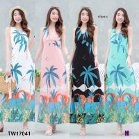 TW17041 Maxi dress คอวีลายต้นมะพร้าวสุดชิค ดีเทลตัดต่อช่วงใต้อก สายไขว้ด้านหลัง ผ่าด้านข้าง 1 ข้าง มีซิปซ่อนด้านข้าง มีซับใน งานสวย เป๊ะปัง