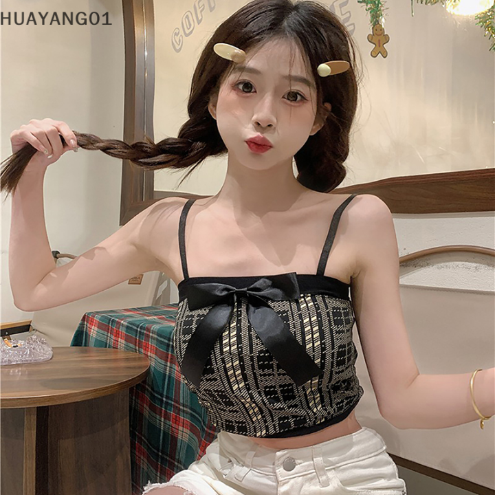 huayang01-2023แฟชั่นใหม่ล่าสุดเสื้อสายเดี่ยวถักลายสก๊อตผูกโบว์สำหรับผู้หญิงเสื้อกล้ามเข้ารูปเซ็กซี่แขนกุด