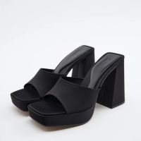 【FAST DELIVERY】ZA RA Style Simple Thick Heel Square Head Thick Bottom Waterproof High Heel Back Empty Sandals