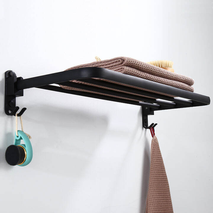 black-punch-free-single-layer-foldable-towel-rod-european-style-bathroom-alumimum-double-wall-hanging-towel-rack-with-double-hooks