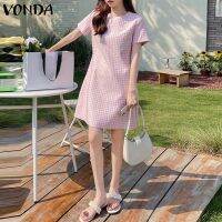 VONDA Womens Versatile Lattice Printed Holiday Party Crew Neck Mini Dresses(Korean Floral)