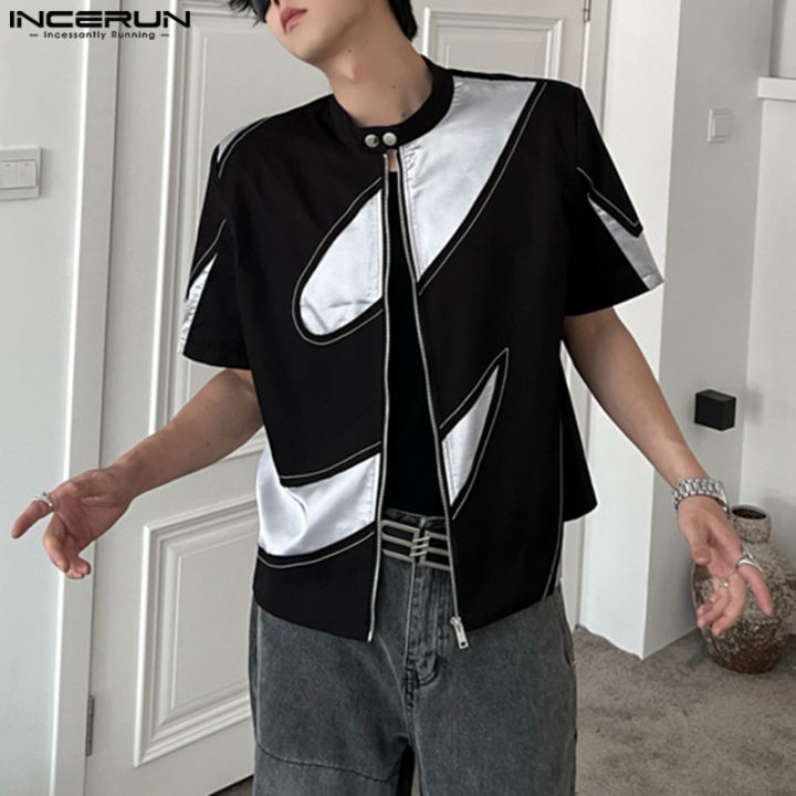 incerun-เสื้อผู้ชายแขนสั้นมีซิปลายกราฟฟิกดีไซน์สุดฮิต-สไตล์เกาหลี