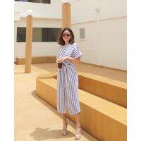 กรี๊ดมาเพิ่ม!! Linen Striped Dress ?(590฿ฟรีส่ง) เดรสผ้าลินินลายทางแขนสโลป ตัดต่อเล่นลายผ้าช่วงบน เอวจับจีบหน้า wrap