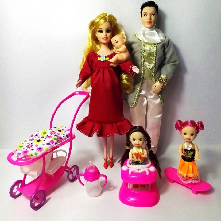 ของเล่นเด็ก5คนชุดตุ๊กตาครอบครัว1แม่-1พ่อ-2-little-kelly-ลูกชาย1คน-ตุ๊กตาคุณแม่ตั้งท้องรถเข็นเด็ก1ชิ้นสำหรับ-barbie-ของขวัญเด็กผู้หญิง