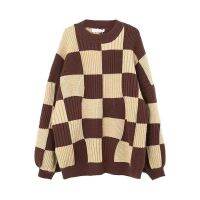 CXSC Store ฤดูหนาวหนา Retro กลางความยาว Outerwear Chic Top Checkerboard โคมไฟแขนหนาถักเสื้อกันหนาวผู้หญิง