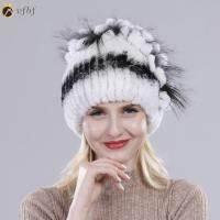 VFBF กลางแจ้ง ผู้หญิงรัสเซีย ฤดูหนาว หมวก Beanies ขนจริง หมวกขนกระต่าย Real Rex Rabbit Fur Hats ถัก ยืดหยุ่น