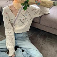 Short Style 2022 Spring College Style Flower Print Knitted Coat Loose Retro V-neck Cute Light Green Sweater Cardigan Blouse