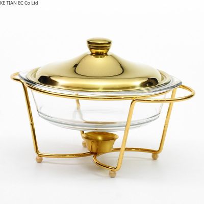 2L gold round glass dinner stove candle heated casserole Hotel restaurant food heater Family dinner alcohol pot hot pot