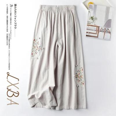 [Spot] cotton and linen casual pants womens pants thin retro ethnic style embroidered wide-leg pants versatile slimming ankle-length pants 2023