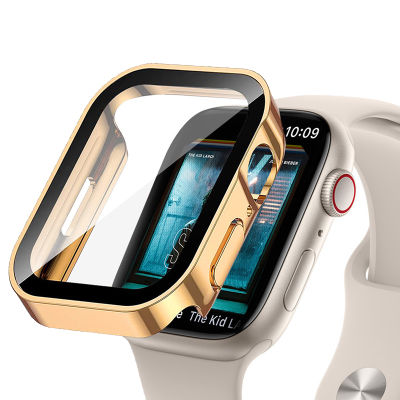 กรณีนาฬิกากันน้ำ + กระจกนิรภัยสำหรับ Apple Watch 7 Series 45มม. 41มม. ฝาครอบ Electroplated นาฬิกาป้องกันหน้าจอกรณี44มม. 40มม. สำหรับ I Watch 6 5 4ป้องกันรอยขีดข่วน