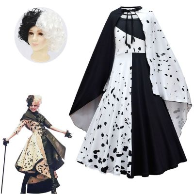 〖jeansame dress〗ฮาโลวีนภาพยนตร์ชั่วร้ายมาดาม Cruella De Vil เครื่องแต่งกายเด็กชุดคอสเพลย์สีดำสีขาวแม่บ้านพรรคชุดแฟนซีปิดตาวิกผม