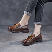 Spot parcel post2023 New Genuine Leather Pumps Female Loafers Deep Mouth Flat Brown Single Liner British Style R Muffin Leather Shoes