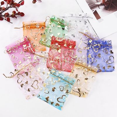 50pcs/lot Love Heart Organza Bag Drawstring Gift Packaging Gauze Bag Yarn Bags Jewelry Wedding Candy Packaging Pouches