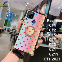 JieFie สำหรับ Realme C15 / C21Y / C25Y / C35 / C17 / C11 / C12 / C11 2021 / C20 / C21แฟชั่นรูปหัวใจโทรศัพท์กรณีเพชรมีประกาย TPU ซิลิโคนสแควร์โทรศัพท์กลับขาตั้งพับได้