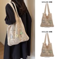 Summer portable white knitted bag girl 2023 new single shoulder large capacity commuting hollow woven tote bag 【QYUE】