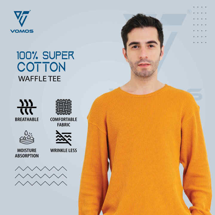 VOMOS Very Comfortable Plain Crew Neck Cotton Long Sleeve Waffle Tee T Shirt