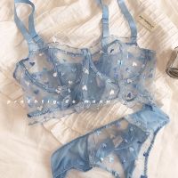 《Be love shop》Dream Blue Love Embroidery Sleepwear Intimates Transparent Gauze Women Sexy Half Cup Push Up Underwear Bra And T String Panties