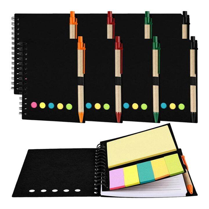 pack-of-8-lined-spiral-notebook-kraft-cover-notepad-notepad-with-pen-in-stand-page-markers-sticky-notes-color-index-tabs