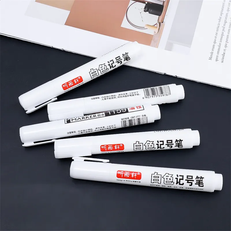 1/3/4/5pcs For Metal White Marker Pen Permanent Oily Waterproof Plastic Gel  Pen Writing Drawing Graffiti Pen Stationery Notebook