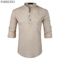 【Hot Sale】embellishembellish MensCotton ผ้าลินิน Henley เสื้อ2018New ม้วนขึ้น SleeveShirt ชาย SlimLong แขน Camisa Masculina สีเบจ