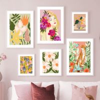 Tropical Jungle Animal Leopard Zebra Girl ดอกไม้โปสเตอร์และพิมพ์ Wall Art ภาพวาดผ้าใบสำหรับห้องนั่งเล่น Home Decor New